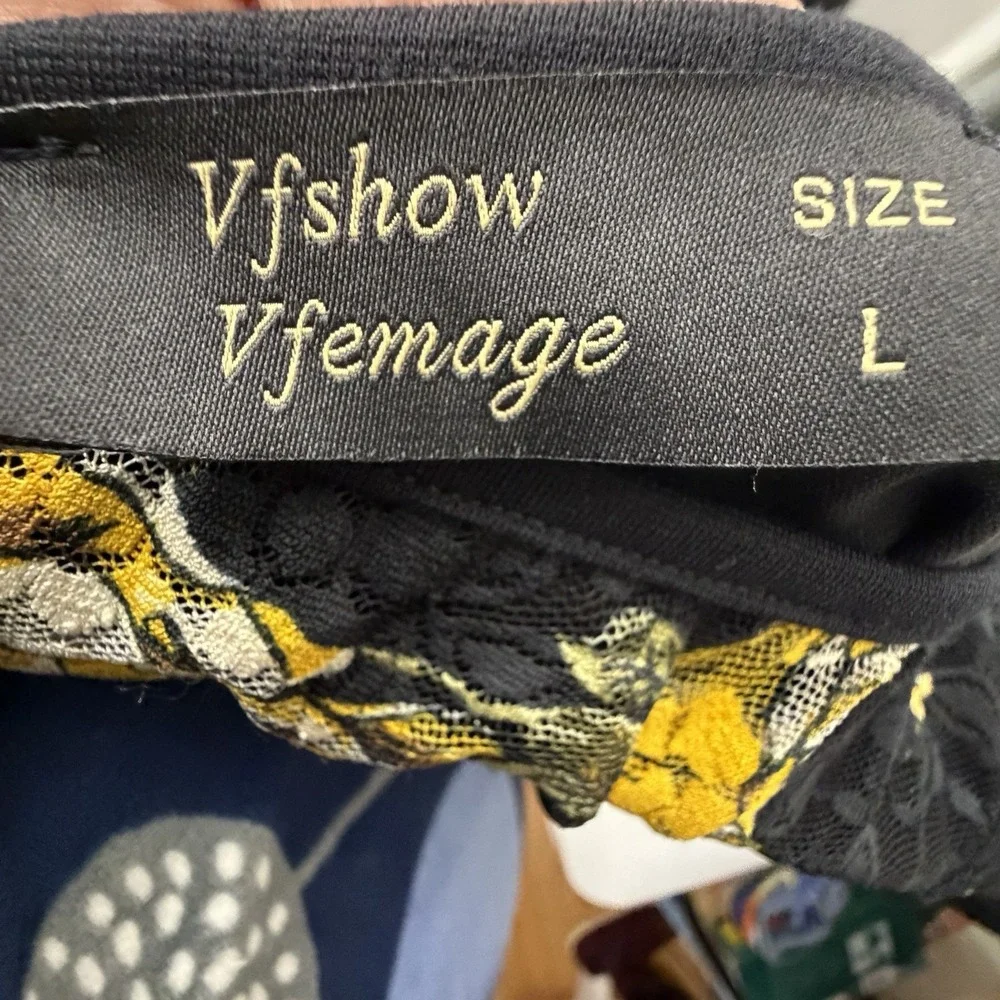 VFSHOW Women's Large Mesh Floral Dress Black Yellow Bell Sleeve Midi Career‎